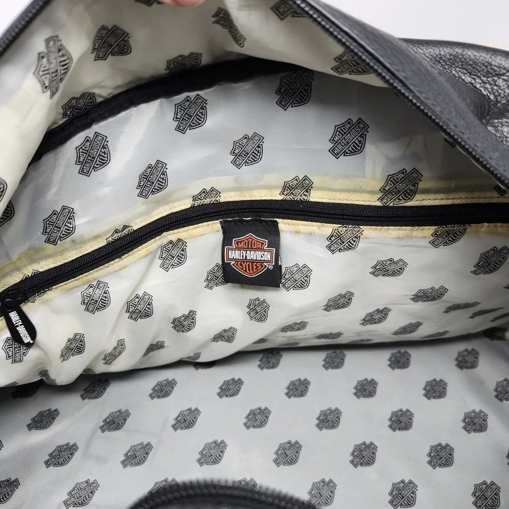 Harley-Davidson Black Leather Duffle Bag Orange Trim Biker Travel Weekend Bag
